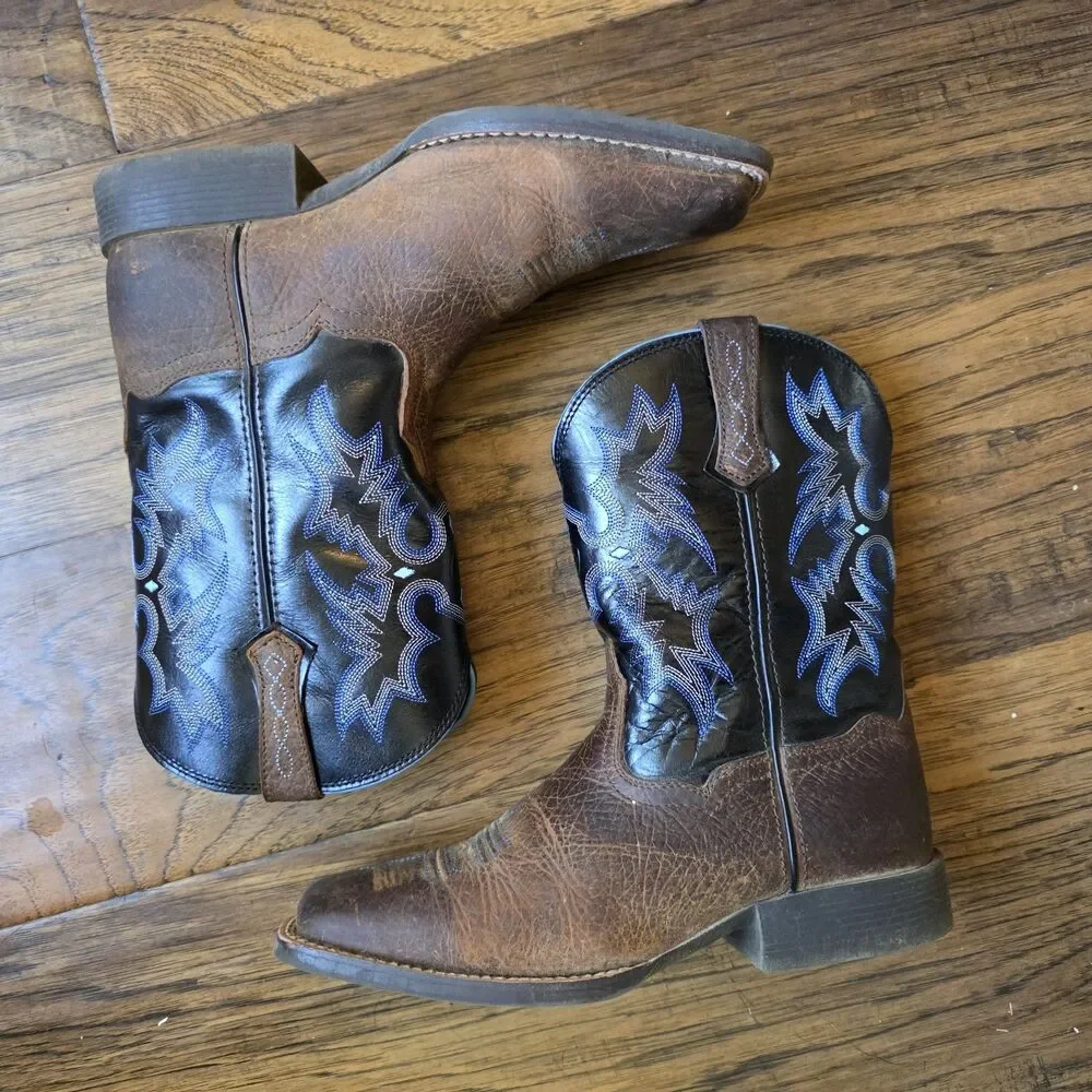 Ariat Big Kids Tombstone Cowboy Boots Square Toe Brown Blue Youth Size 6